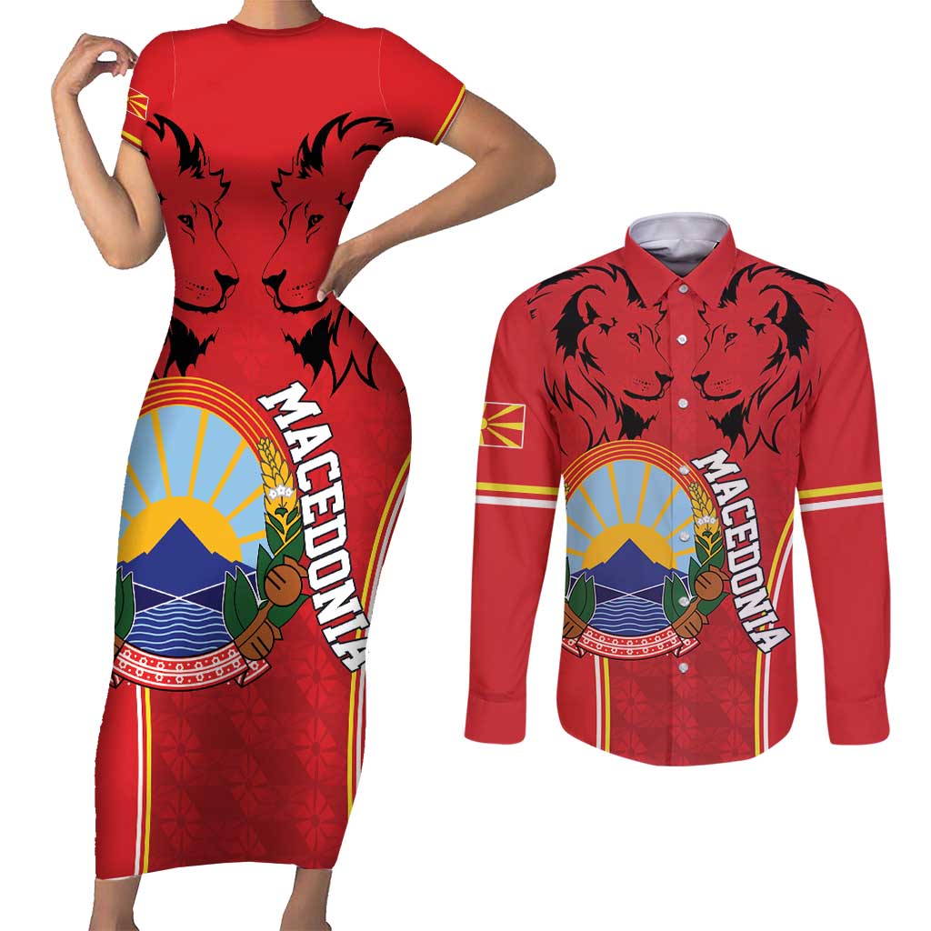 Personalized Macedonia Lion Couples Matching Short Sleeve Bodycon Dress and Long Sleeve Button Shirt National Emblem - Wonder Print Shop