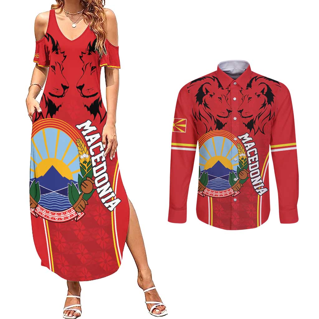 Personalized Macedonia Lion Couples Matching Summer Maxi Dress and Long Sleeve Button Shirt National Emblem - Wonder Print Shop