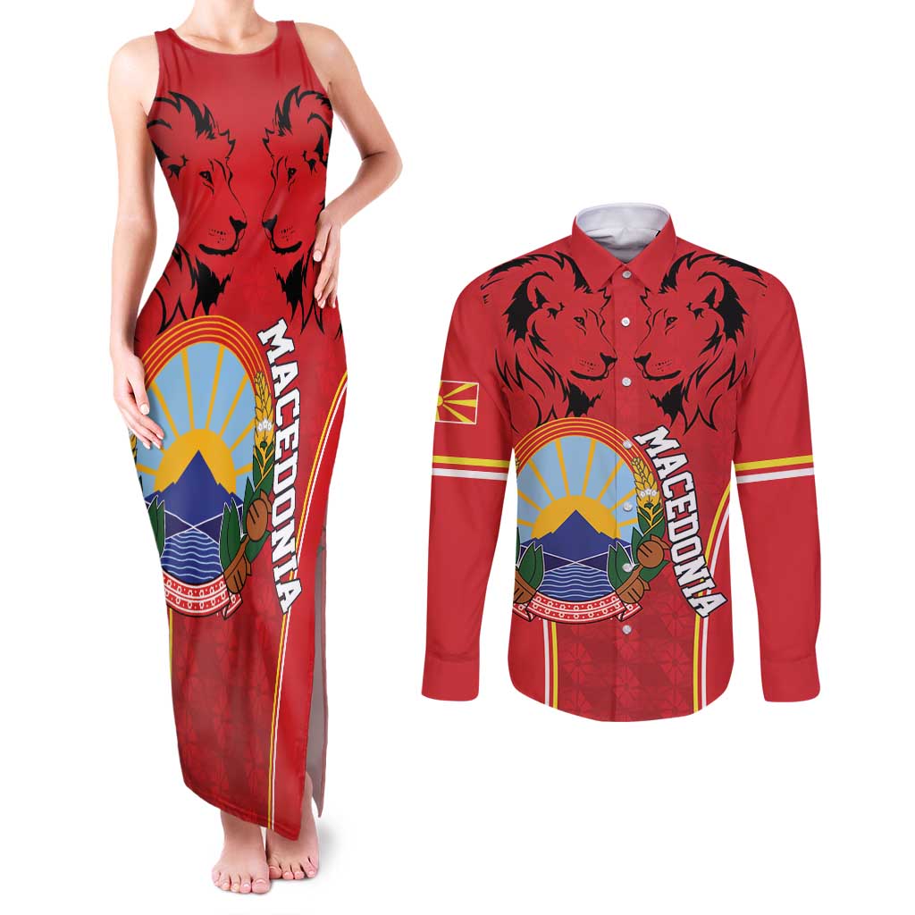 Personalized Macedonia Lion Couples Matching Tank Maxi Dress and Long Sleeve Button Shirt National Emblem - Wonder Print Shop