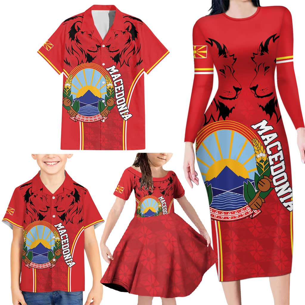 Personalized Macedonia Lion Family Matching Long Sleeve Bodycon Dress and Hawaiian Shirt National Emblem - Wonder Print Shop