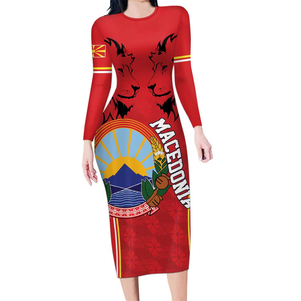 Personalized Macedonia Lion Family Matching Long Sleeve Bodycon Dress and Hawaiian Shirt National Emblem - Wonder Print Shop