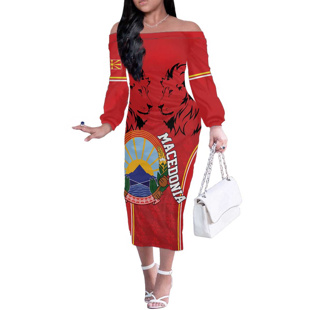 Personalized Macedonia Lion Family Matching Off The Shoulder Long Sleeve Dress and Hawaiian Shirt National Emblem - Wonder Print Shop