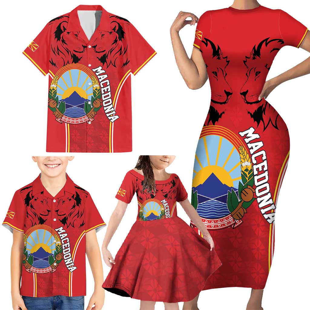 Personalized Macedonia Lion Family Matching Short Sleeve Bodycon Dress and Hawaiian Shirt National Emblem - Wonder Print Shop