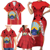 Personalized Macedonia Lion Family Matching Short Sleeve Bodycon Dress and Hawaiian Shirt National Emblem - Wonder Print Shop