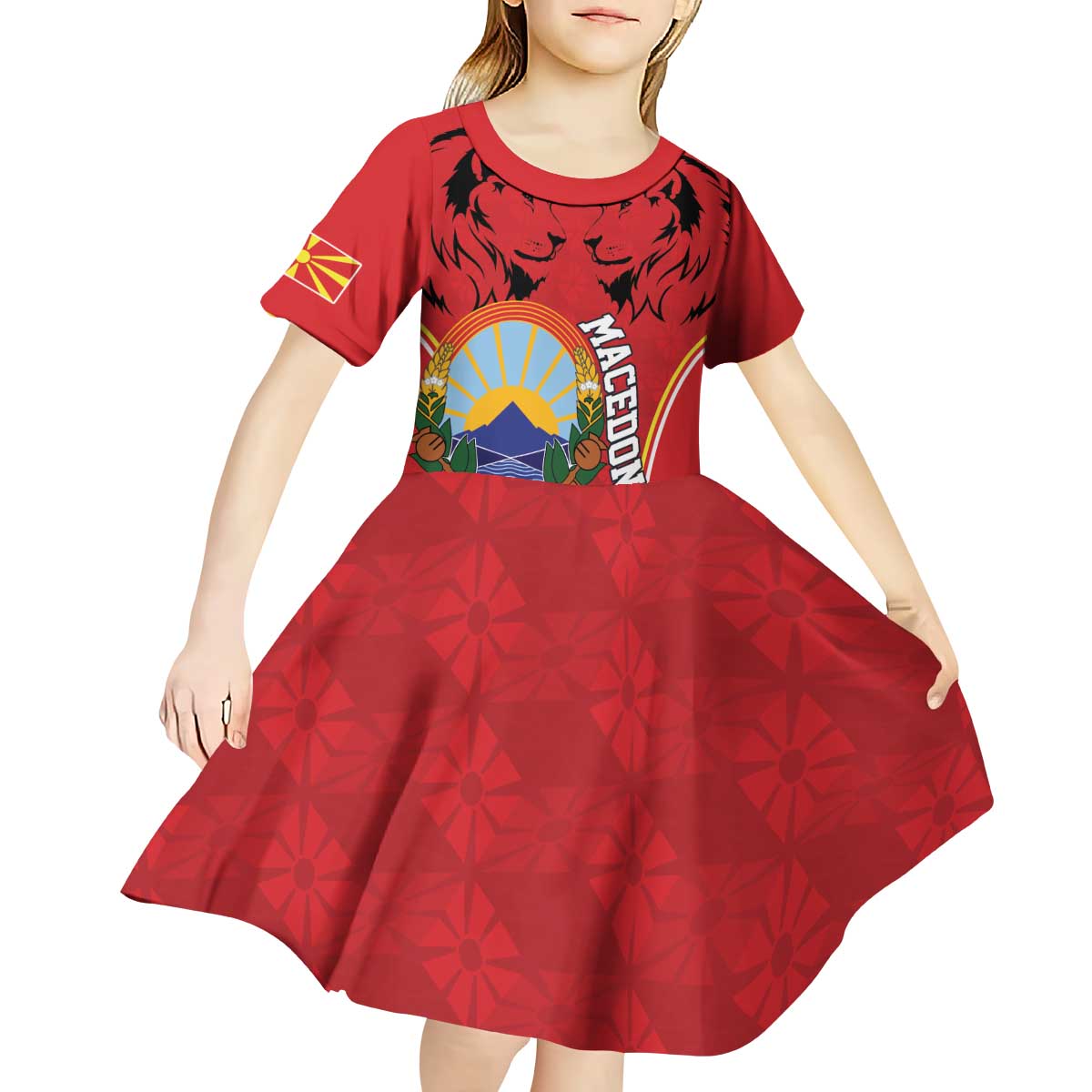 Personalized Macedonia Lion Kid Short Sleeve Dress National Emblem - Wonder Print Shop