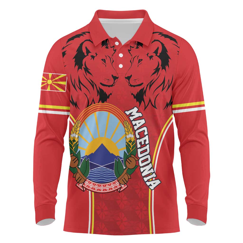 Personalized Macedonia Lion Long Sleeve Polo Shirt National Emblem - Wonder Print Shop