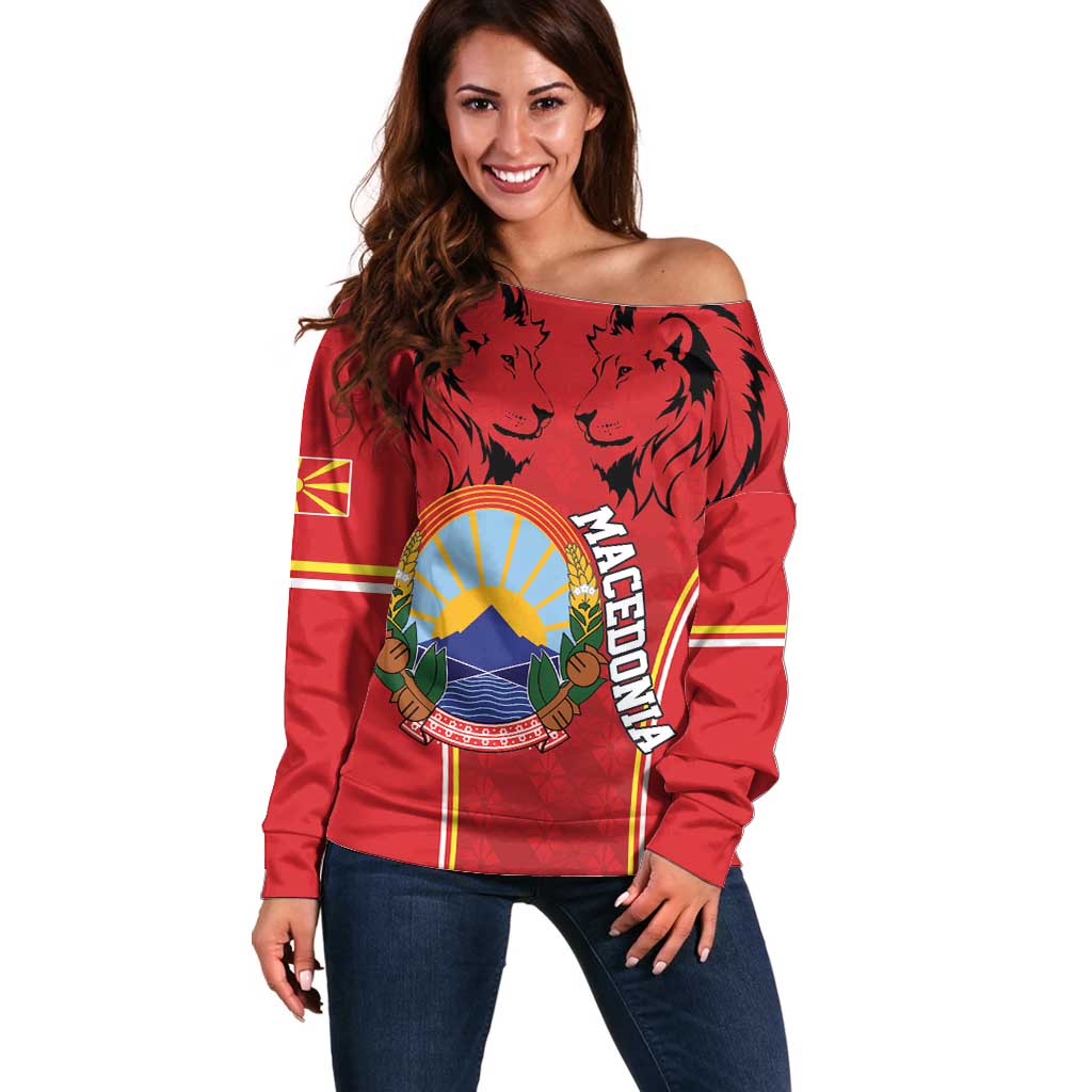 Personalized Macedonia Lion Off Shoulder Sweater National Emblem - Wonder Print Shop