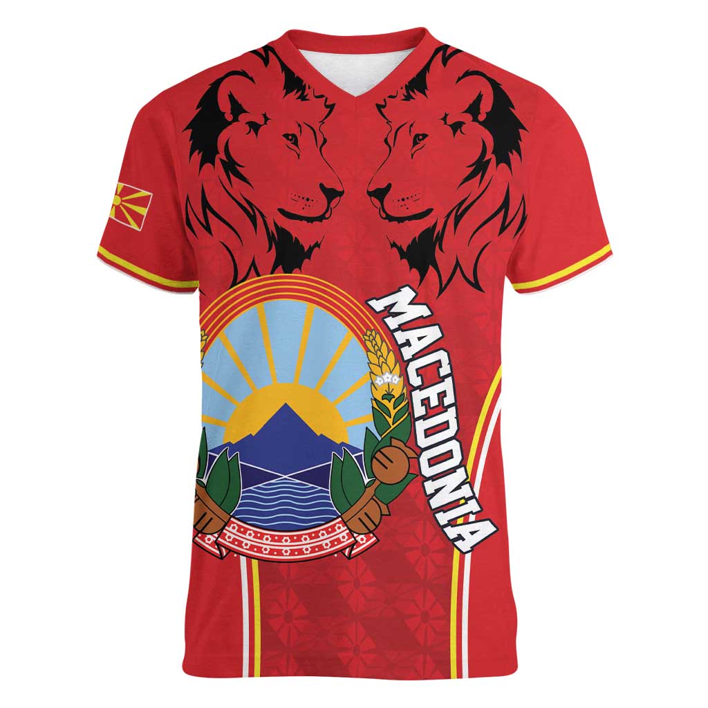 Personalized Macedonia Lion Women V-Neck T-Shirt National Emblem - Wonder Print Shop