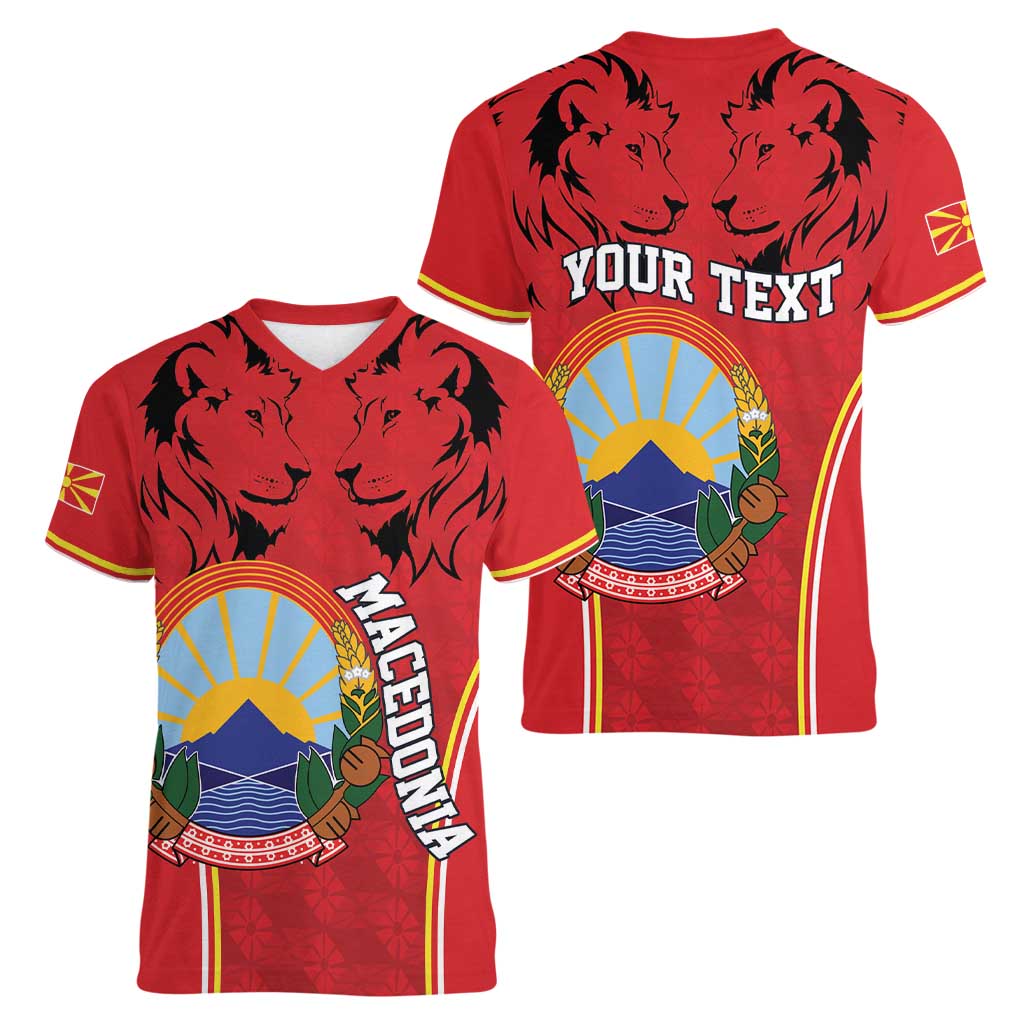 Personalized Macedonia Lion Women V-Neck T-Shirt National Emblem - Wonder Print Shop