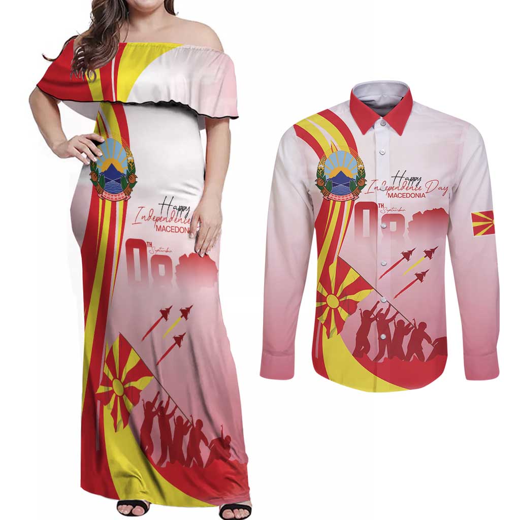 Macedonia Independence Day Couples Matching Off Shoulder Maxi Dress and Long Sleeve Button Shirt Den na nezavisnosta - undefined