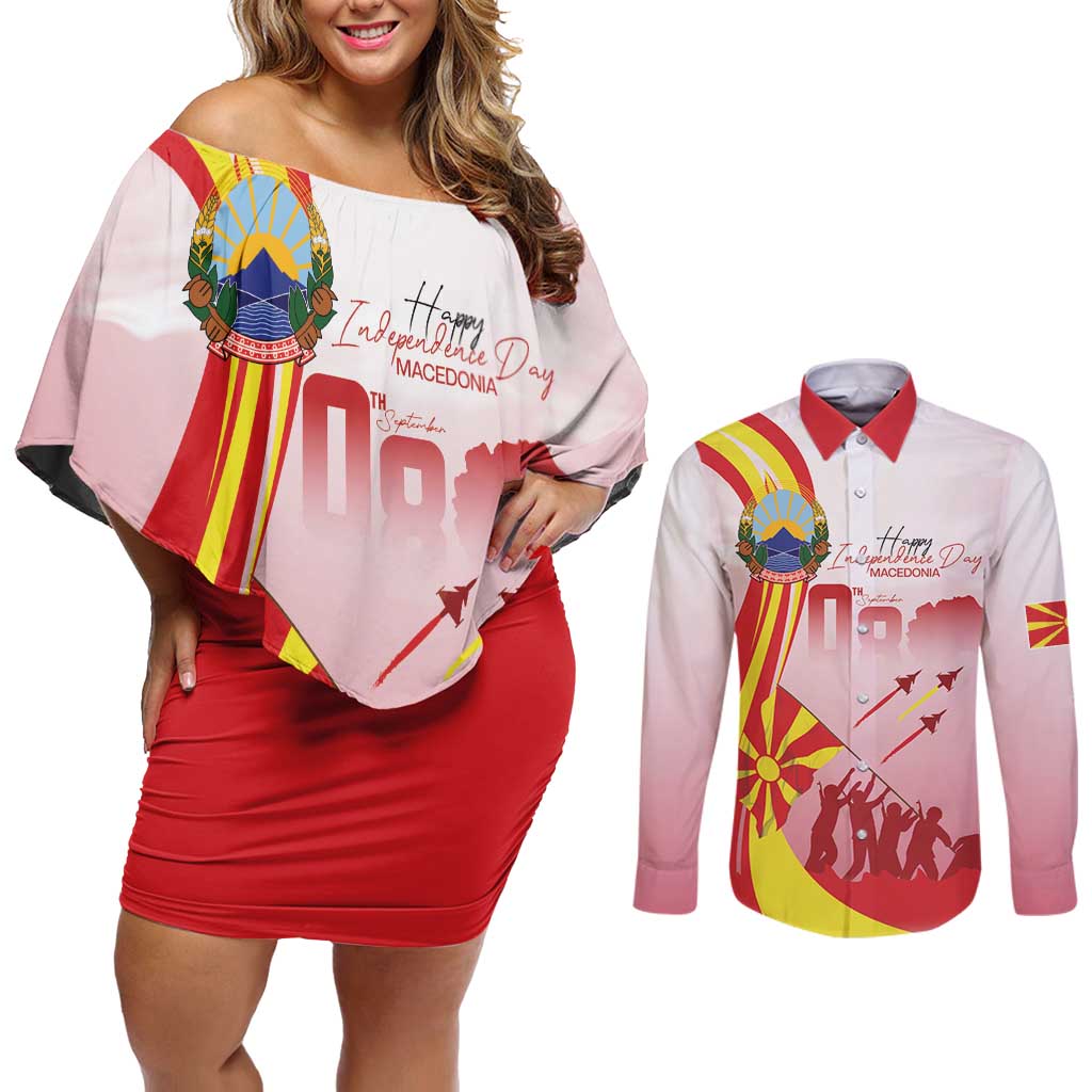 Macedonia Independence Day Couples Matching Off Shoulder Short Dress and Long Sleeve Button Shirt Den na nezavisnosta - Wonder Print Shop