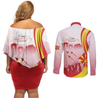 Macedonia Independence Day Couples Matching Off Shoulder Short Dress and Long Sleeve Button Shirt Den na nezavisnosta - Wonder Print Shop