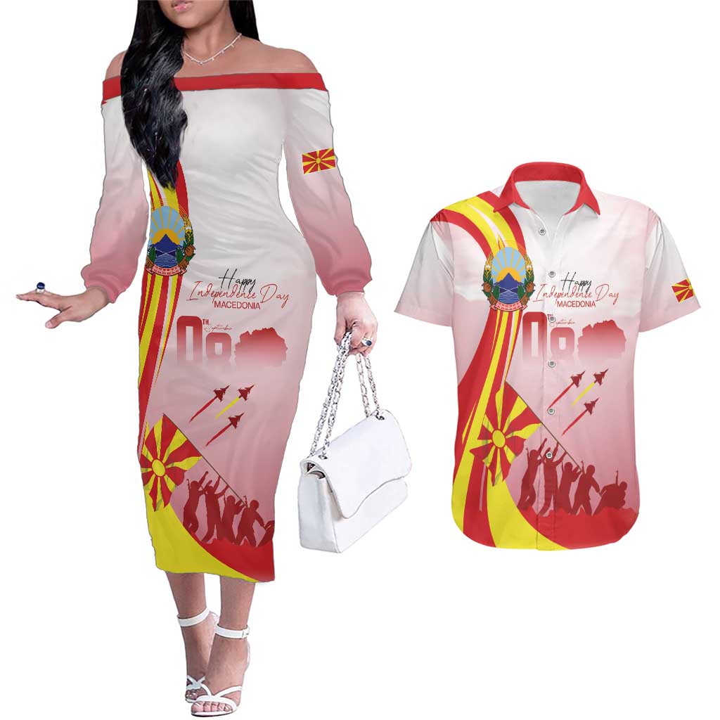 Macedonia Independence Day Couples Matching Off The Shoulder Long Sleeve Dress and Hawaiian Shirt Den na nezavisnosta - Wonder Print Shop