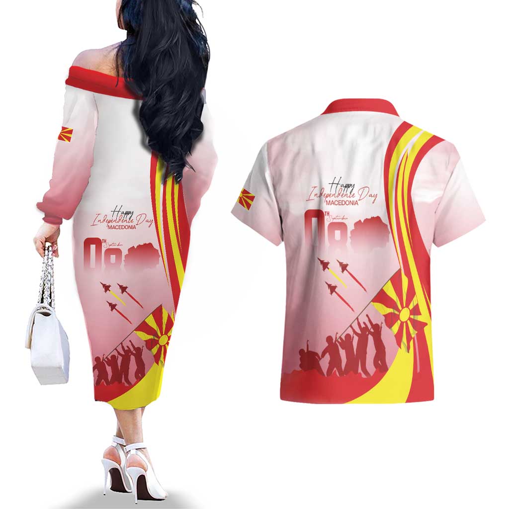 Macedonia Independence Day Couples Matching Off The Shoulder Long Sleeve Dress and Hawaiian Shirt Den na nezavisnosta - Wonder Print Shop