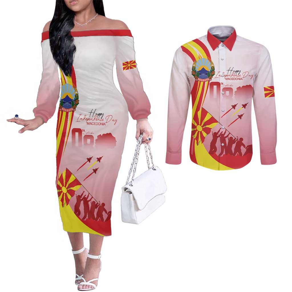 Macedonia Independence Day Couples Matching Off The Shoulder Long Sleeve Dress and Long Sleeve Button Shirt Den na nezavisnosta - Wonder Print Shop