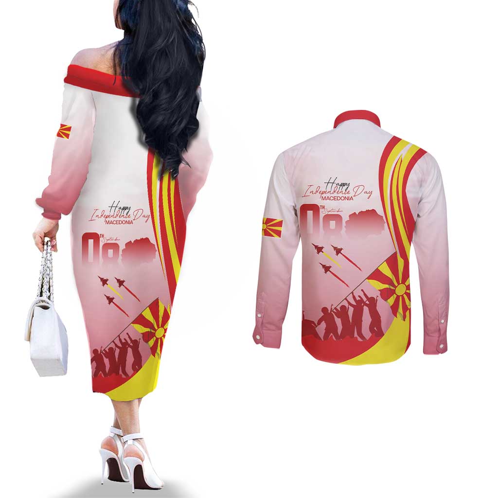 Macedonia Independence Day Couples Matching Off The Shoulder Long Sleeve Dress and Long Sleeve Button Shirt Den na nezavisnosta - Wonder Print Shop