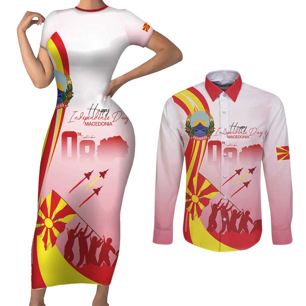 Macedonia Independence Day Couples Matching Short Sleeve Bodycon Dress and Long Sleeve Button Shirt Den na nezavisnosta - Wonder Print Shop