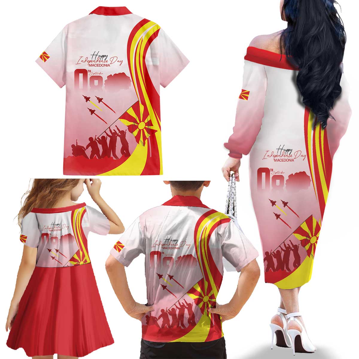 Macedonia Independence Day Family Matching Off The Shoulder Long Sleeve Dress and Hawaiian Shirt Den na nezavisnosta - Wonder Print Shop
