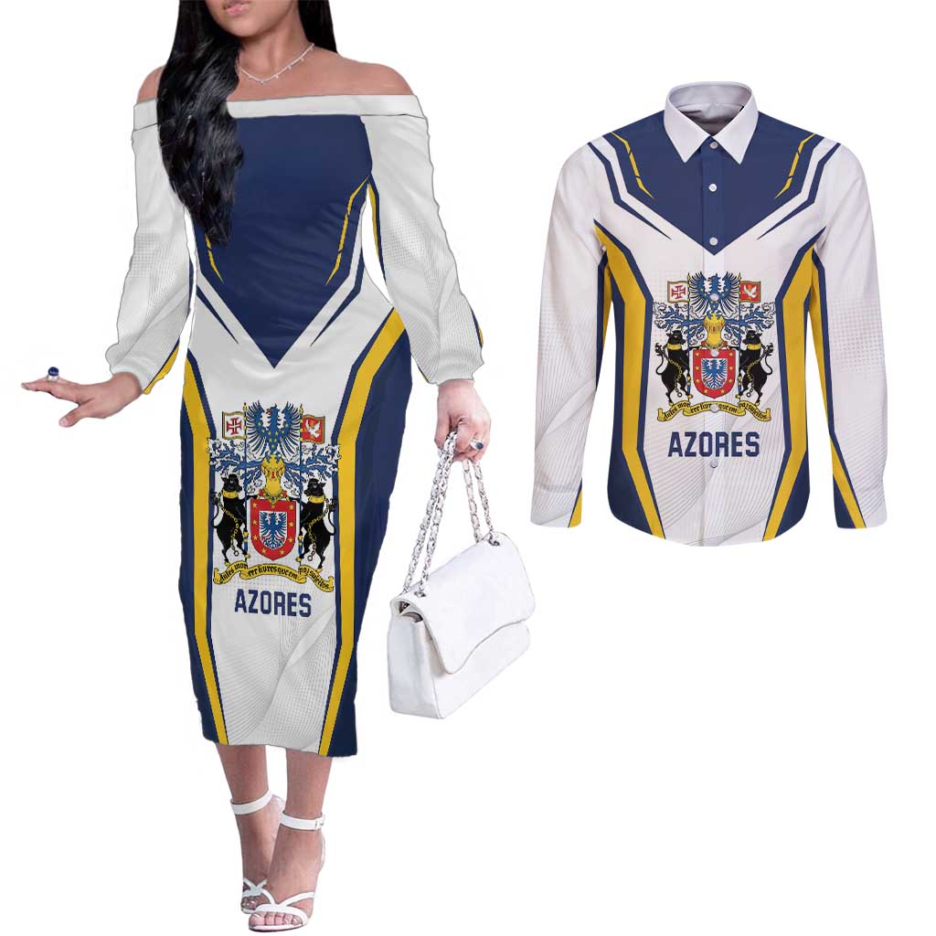Personalized Azores Portugal Couples Matching Off The Shoulder Long Sleeve Dress and Long Sleeve Button Shirt Sporty Style - Wonder Print Shop