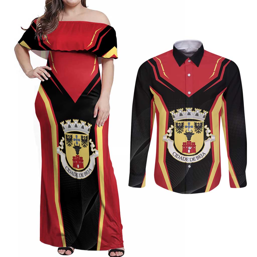 Personalized Beja Portugal Couples Matching Off Shoulder Maxi Dress and Long Sleeve Button Shirt Sporty Style - Wonder Print Shop