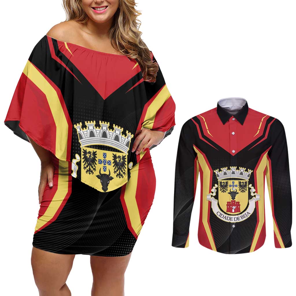 Personalized Beja Portugal Couples Matching Off Shoulder Short Dress and Long Sleeve Button Shirt Sporty Style - Wonder Print Shop