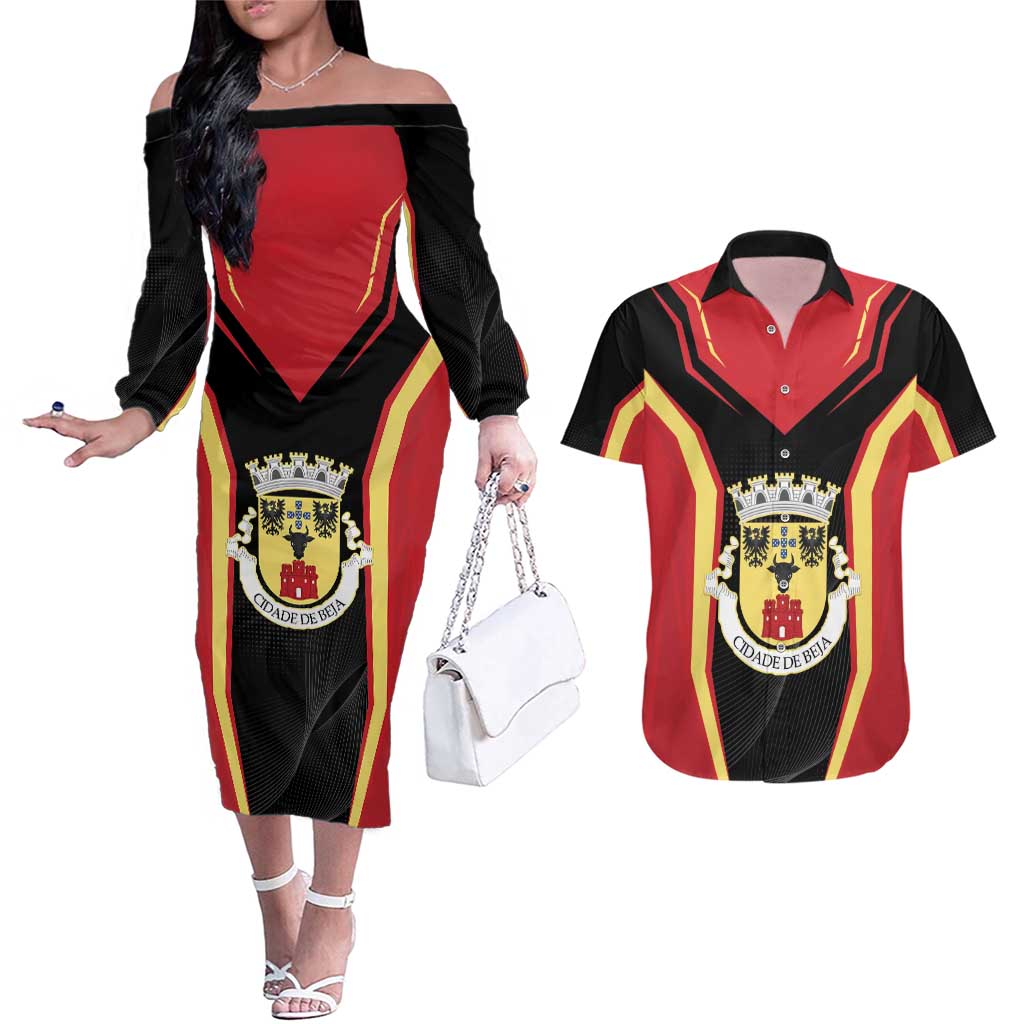 Personalized Beja Portugal Couples Matching Off The Shoulder Long Sleeve Dress and Hawaiian Shirt Sporty Style - Wonder Print Shop