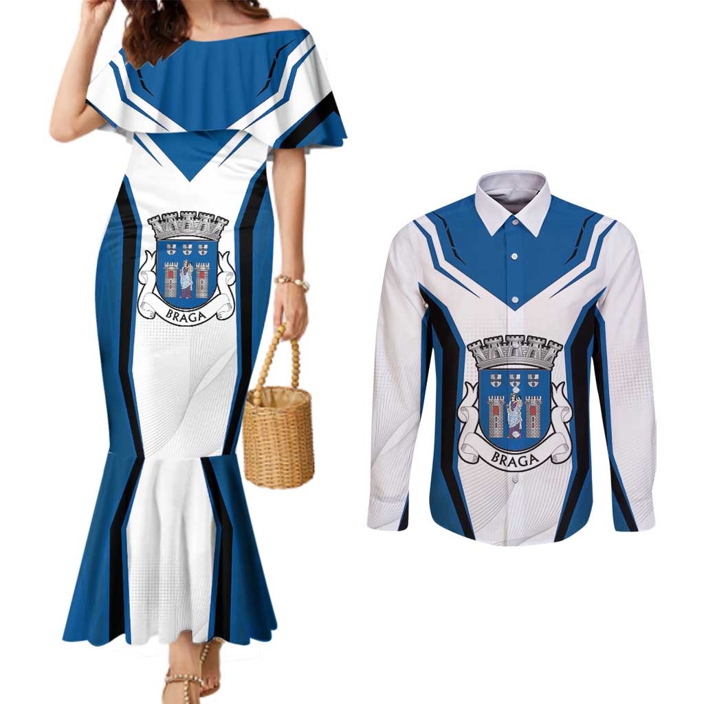 Personalized Braga Portugal Couples Matching Mermaid Dress and Long Sleeve Button Shirt Sporty Style - Wonder Print Shop