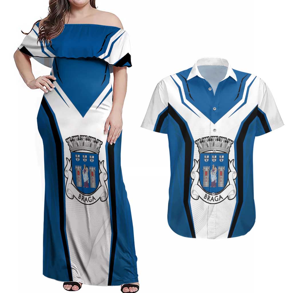 Personalized Braga Portugal Couples Matching Off Shoulder Maxi Dress and Hawaiian Shirt Sporty Style - Wonder Print Shop