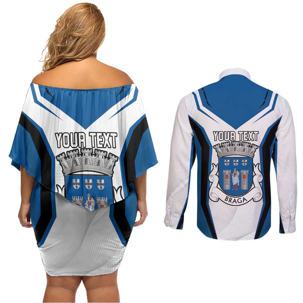 Personalized Braga Portugal Couples Matching Off Shoulder Short Dress and Long Sleeve Button Shirt Sporty Style - Wonder Print Shop