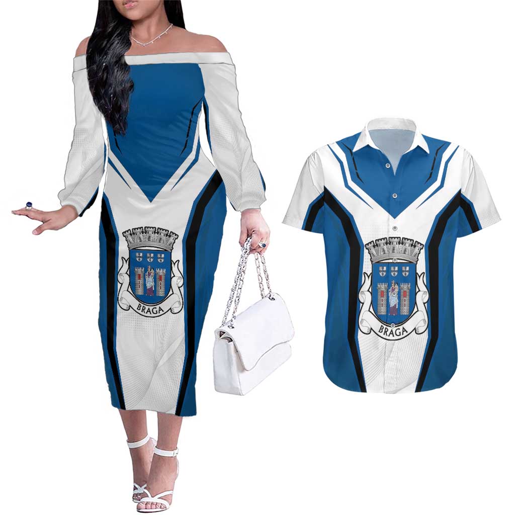 Personalized Braga Portugal Couples Matching Off The Shoulder Long Sleeve Dress and Hawaiian Shirt Sporty Style - Wonder Print Shop