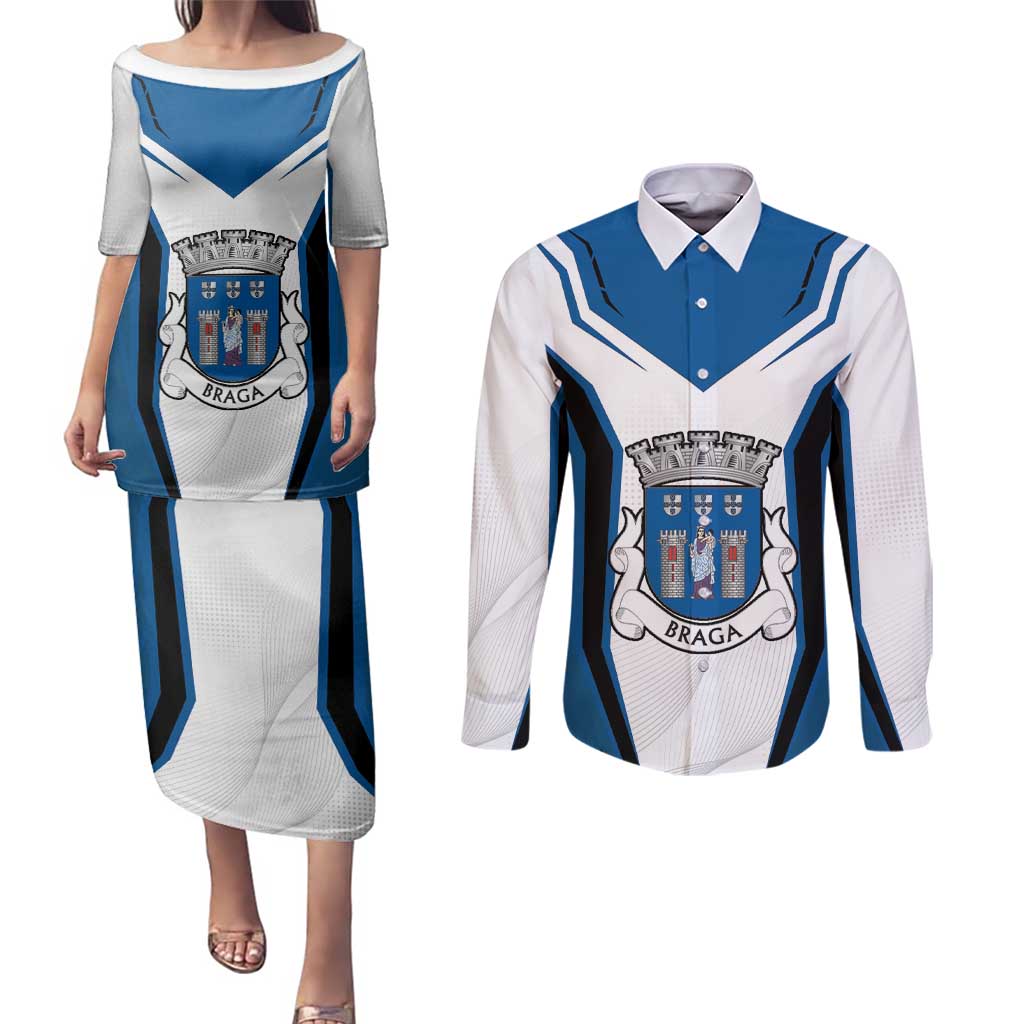 Personalized Braga Portugal Couples Matching Puletasi and Long Sleeve Button Shirt Sporty Style - Wonder Print Shop