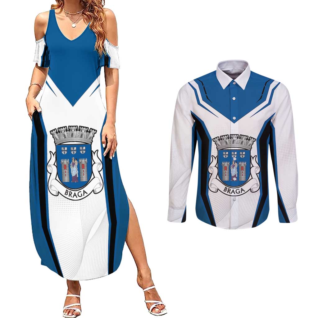 Personalized Braga Portugal Couples Matching Summer Maxi Dress and Long Sleeve Button Shirt Sporty Style - Wonder Print Shop