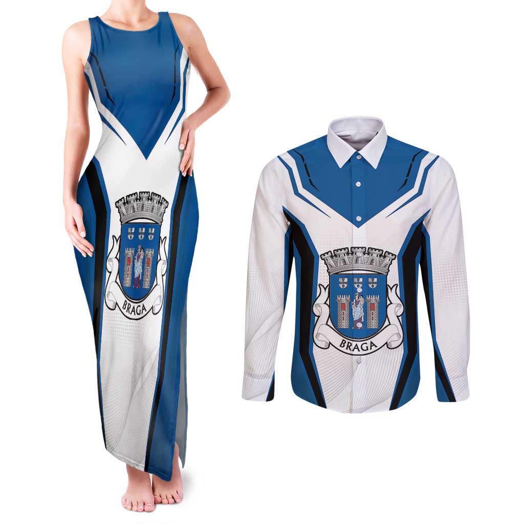 Personalized Braga Portugal Couples Matching Tank Maxi Dress and Long Sleeve Button Shirt Sporty Style - Wonder Print Shop