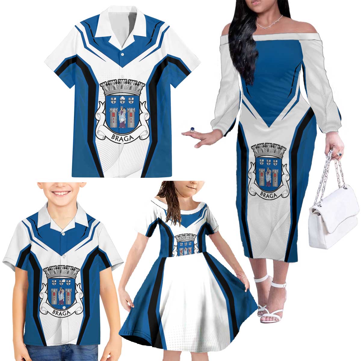 Personalized Braga Portugal Family Matching Off The Shoulder Long Sleeve Dress and Hawaiian Shirt Sporty Style - Wonder Print Shop