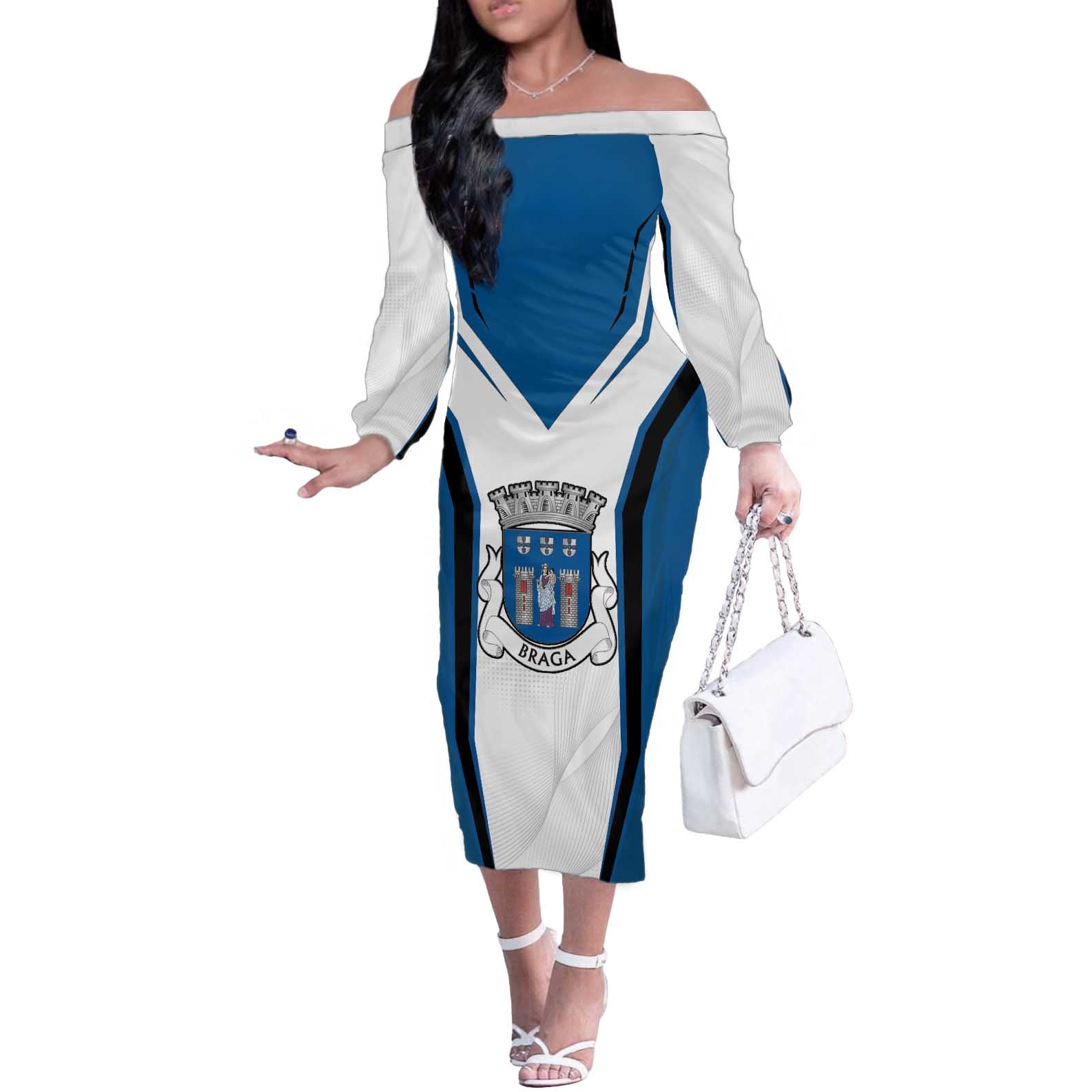 Personalized Braga Portugal Off The Shoulder Long Sleeve Dress Sporty Style - Wonder Print Shop