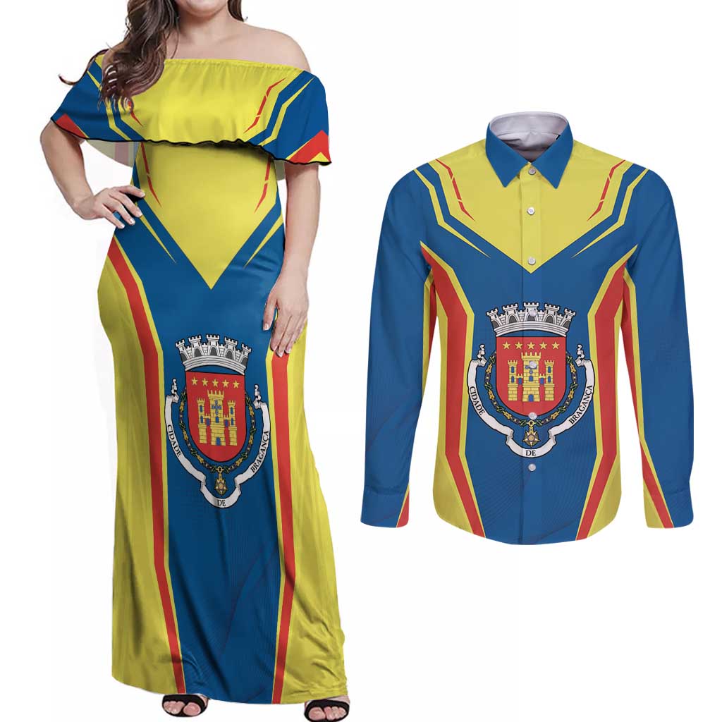 Personalized Braganca Portugal Couples Matching Off Shoulder Maxi Dress and Long Sleeve Button Shirt Sporty Style - Wonder Print Shop