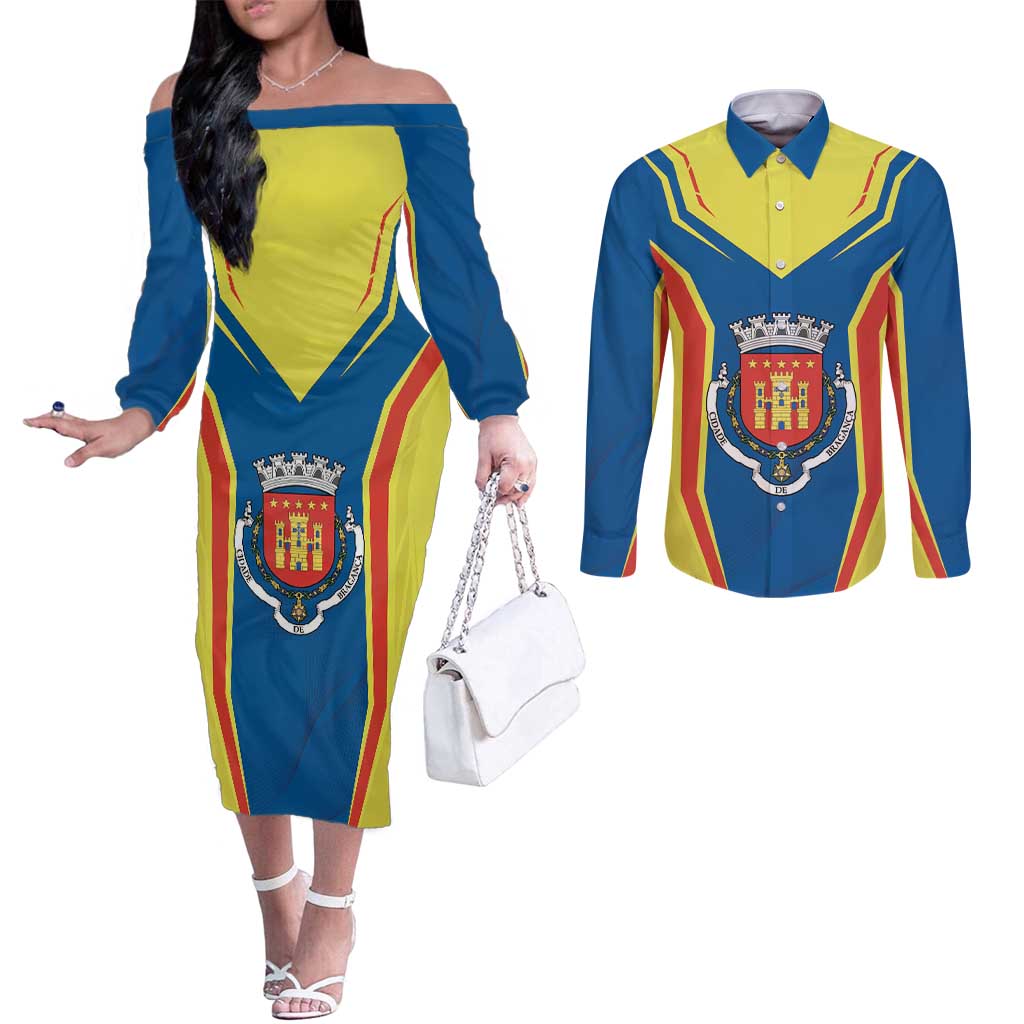 Personalized Braganca Portugal Couples Matching Off The Shoulder Long Sleeve Dress and Long Sleeve Button Shirt Sporty Style - Wonder Print Shop