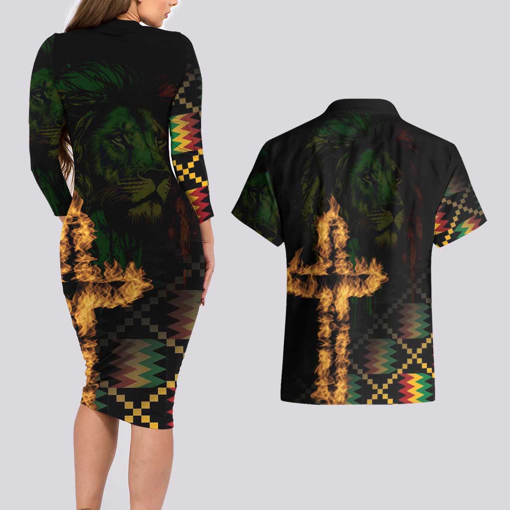 Happy Meskel Celebration Couples Matching Long Sleeve Bodycon Dress and Hawaiian Shirt Cross Fire And Lion Flag Color - Wonder Print Shop