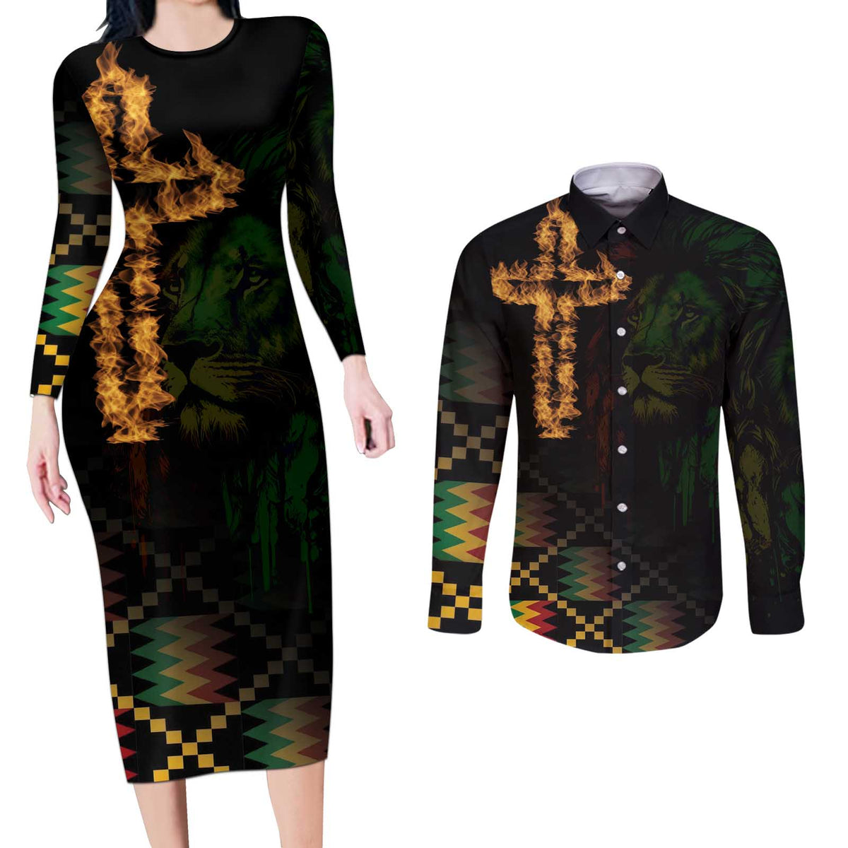 Happy Meskel Celebration Couples Matching Long Sleeve Bodycon Dress and Long Sleeve Button Shirt Cross Fire And Lion Flag Color - Wonder Print Shop