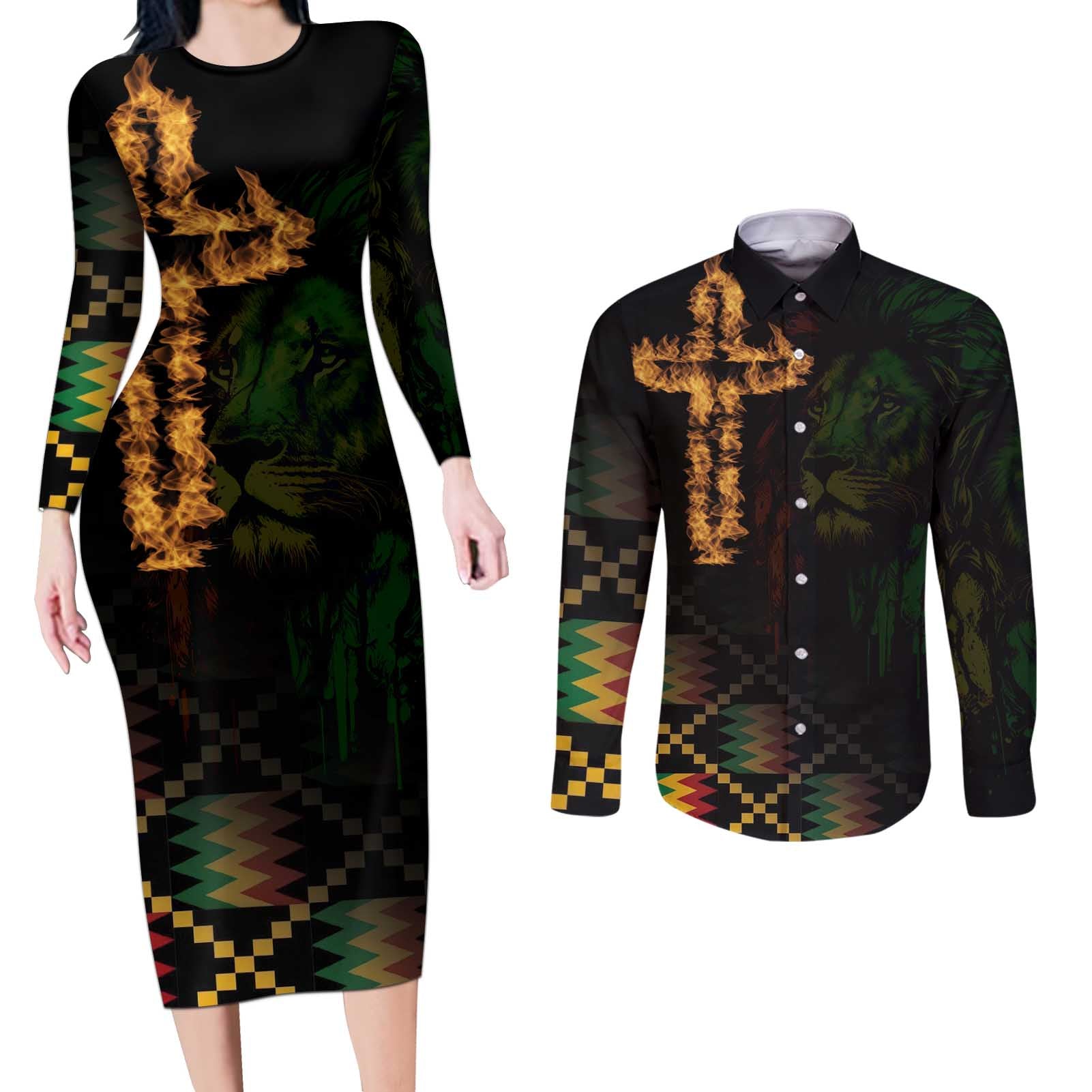 Happy Meskel Celebration Couples Matching Long Sleeve Bodycon Dress and Long Sleeve Button Shirt Cross Fire And Lion Flag Color - Wonder Print Shop