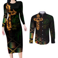 Happy Meskel Celebration Couples Matching Long Sleeve Bodycon Dress and Long Sleeve Button Shirt Cross Fire And Lion Flag Color - Wonder Print Shop