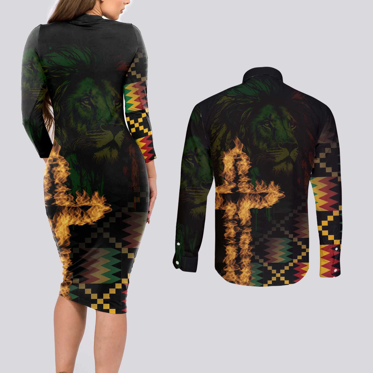 Happy Meskel Celebration Couples Matching Long Sleeve Bodycon Dress and Long Sleeve Button Shirt Cross Fire And Lion Flag Color - Wonder Print Shop