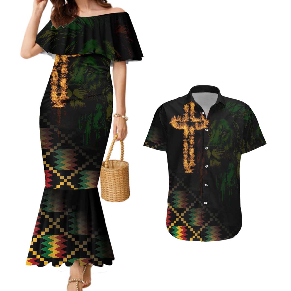 Happy Meskel Celebration Couples Matching Mermaid Dress and Hawaiian Shirt Cross Fire And Lion Flag Color - Wonder Print Shop