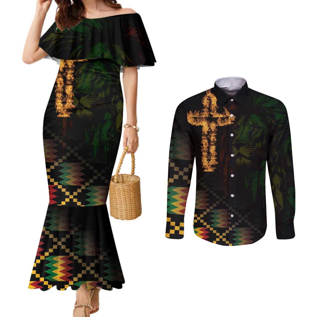 Happy Meskel Celebration Couples Matching Mermaid Dress and Long Sleeve Button Shirt Cross Fire And Lion Flag Color