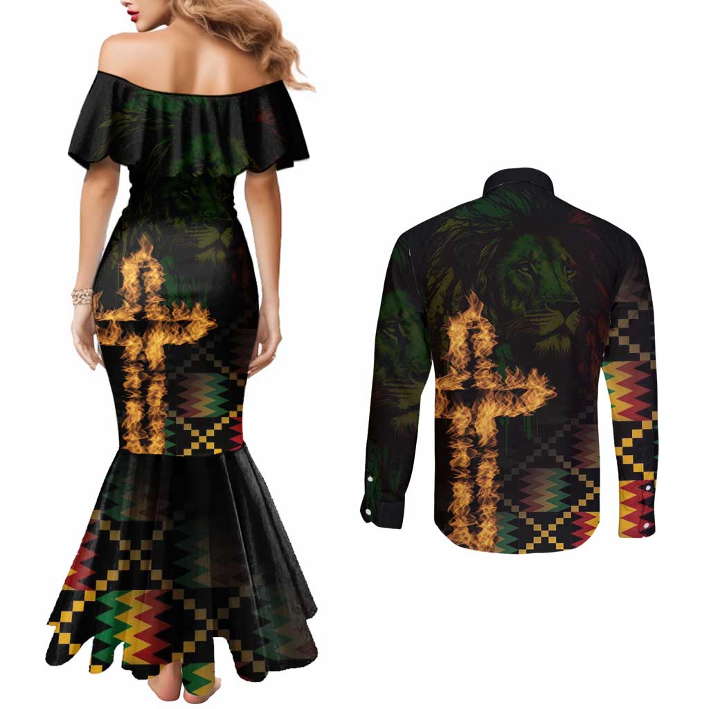 Happy Meskel Celebration Couples Matching Mermaid Dress and Long Sleeve Button Shirt Cross Fire And Lion Flag Color