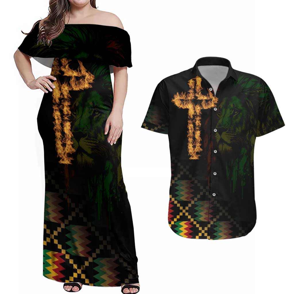 Happy Meskel Celebration Couples Matching Off Shoulder Maxi Dress and Hawaiian Shirt Cross Fire And Lion Flag Color - Wonder Print Shop