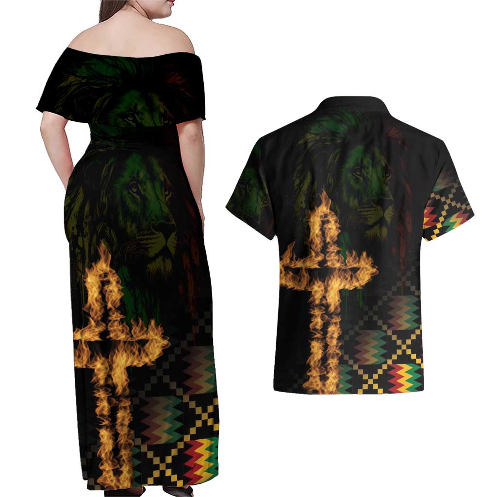 Happy Meskel Celebration Couples Matching Off Shoulder Maxi Dress and Hawaiian Shirt Cross Fire And Lion Flag Color - Wonder Print Shop