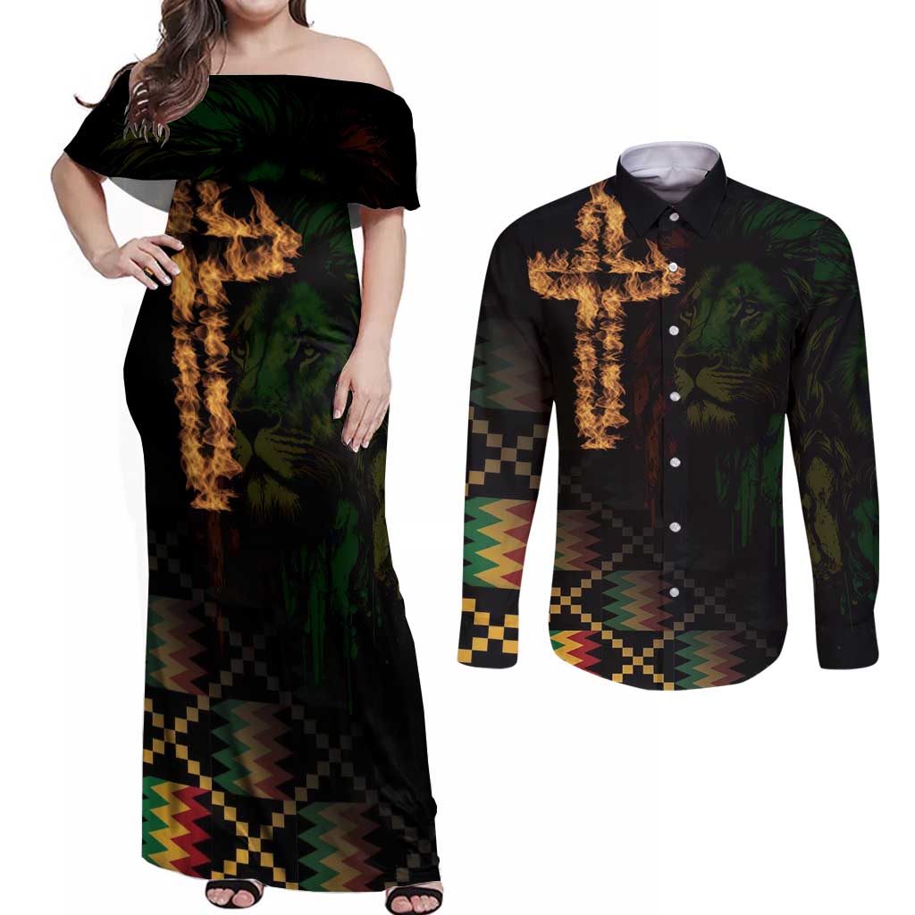 Happy Meskel Celebration Couples Matching Off Shoulder Maxi Dress and Long Sleeve Button Shirt Cross Fire And Lion Flag Color - Wonder Print Shop