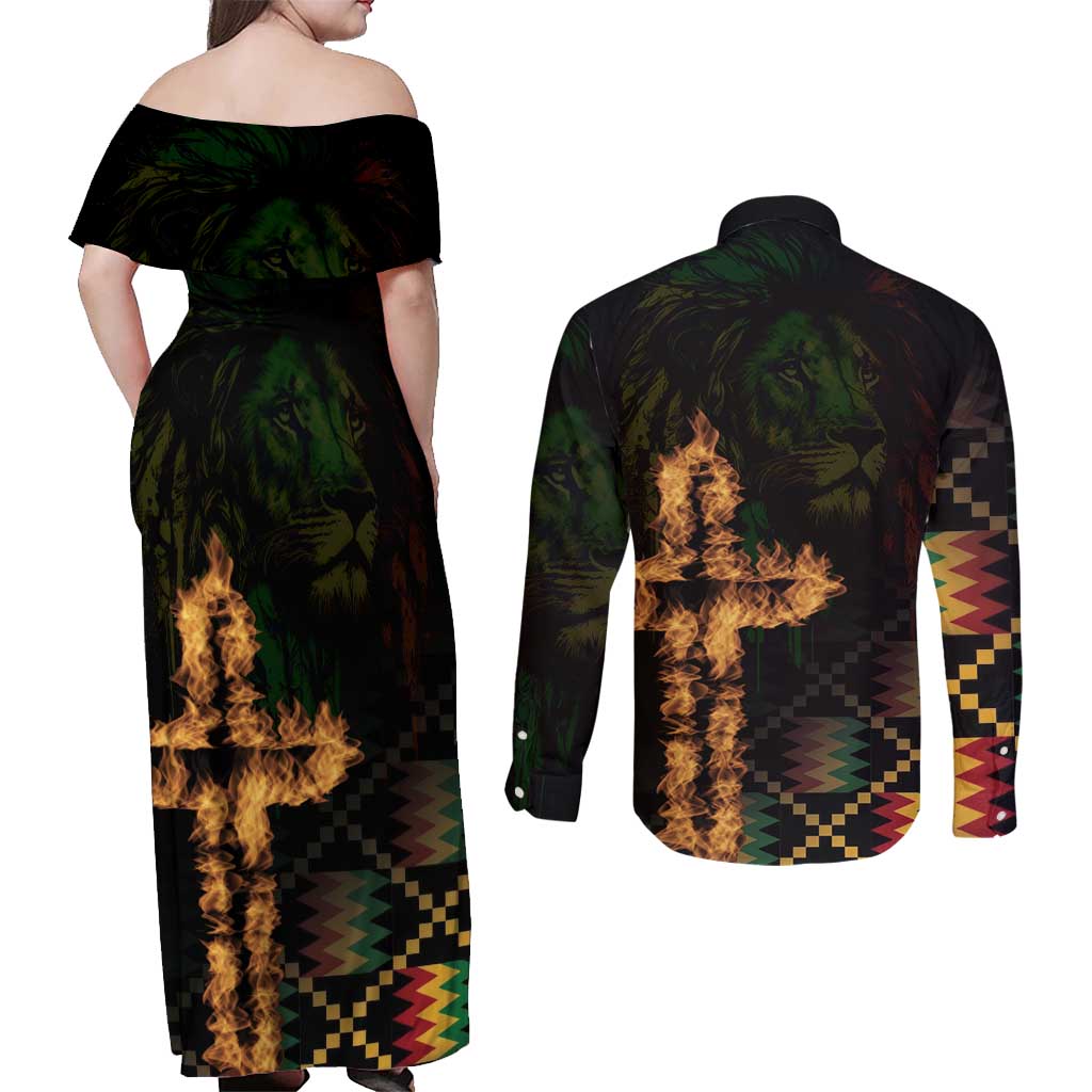 Happy Meskel Celebration Couples Matching Off Shoulder Maxi Dress and Long Sleeve Button Shirt Cross Fire And Lion Flag Color - Wonder Print Shop