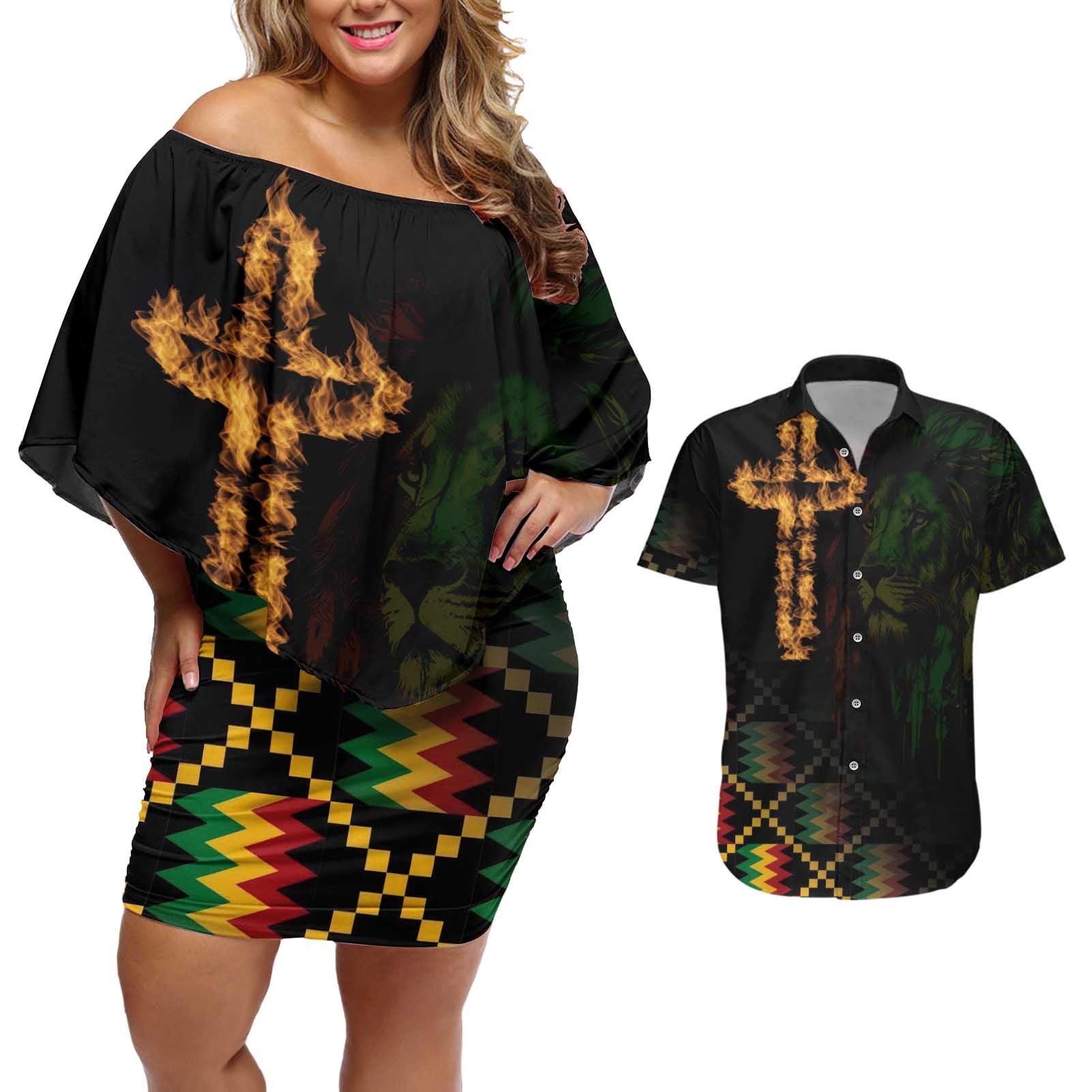 Happy Meskel Celebration Couples Matching Off Shoulder Short Dress and Hawaiian Shirt Cross Fire And Lion Flag Color - Wonder Print Shop